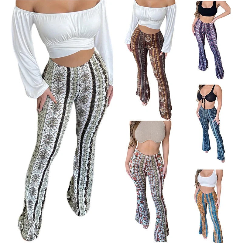 Frauen Boho Flare Pants Ethnic Tribal Print Bell Bottom Yoga Palazzo Hose | | Wiccan Center
