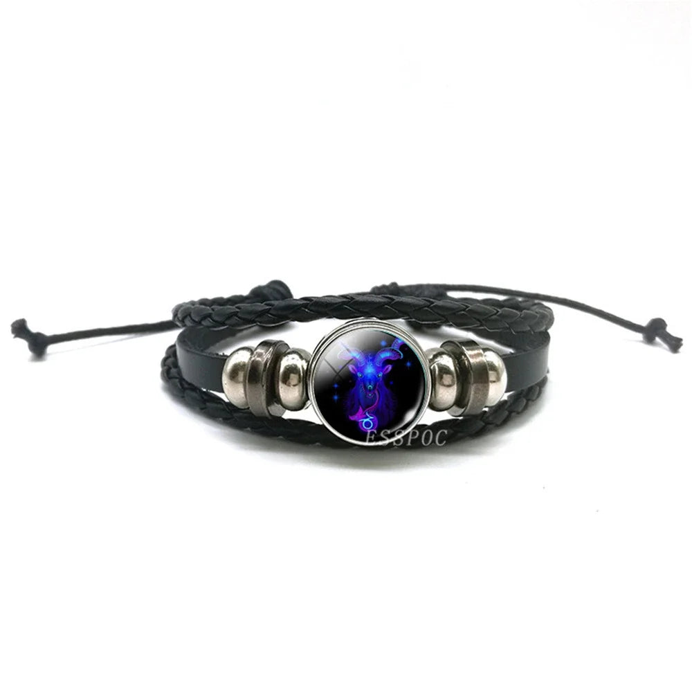 New Men 12 Constellation Black Braided Leather Bracelet Punk Style Zodiac Sign Multilayer Weave Wrap Bracelet For Birthday Gifts
