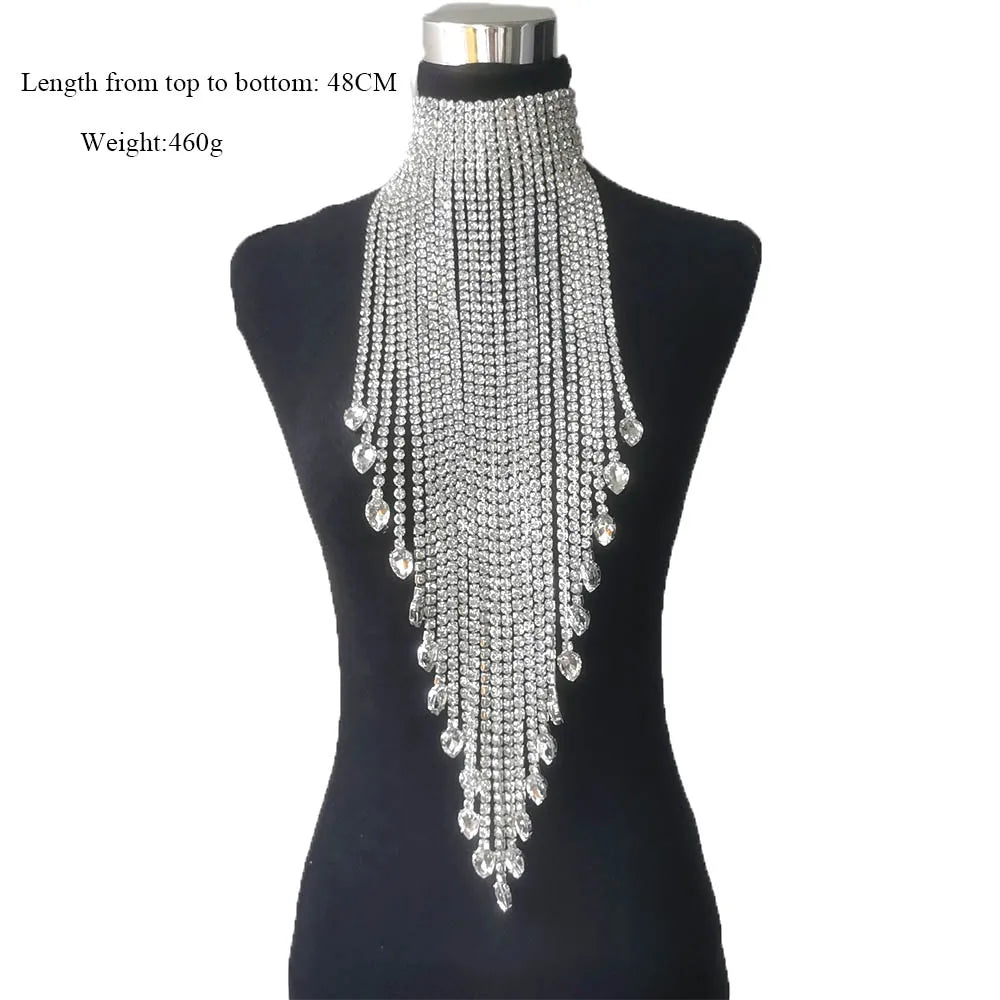 Luxury Rhinestone Long Tassel Statement Choker – Waist-Length Crystal Drop Crystal Drop for Weddings, Galas & High-Fashion Clubwear | Necklaces | Wiccan Center