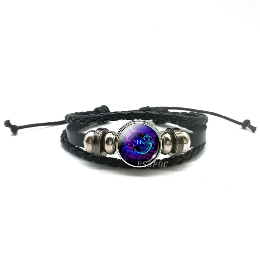 New Men 12 Constellation Black Braided Leather Bracelet Punk Style Zodiac Sign Multilayer Weave Wrap Bracelet For Birthday Gifts