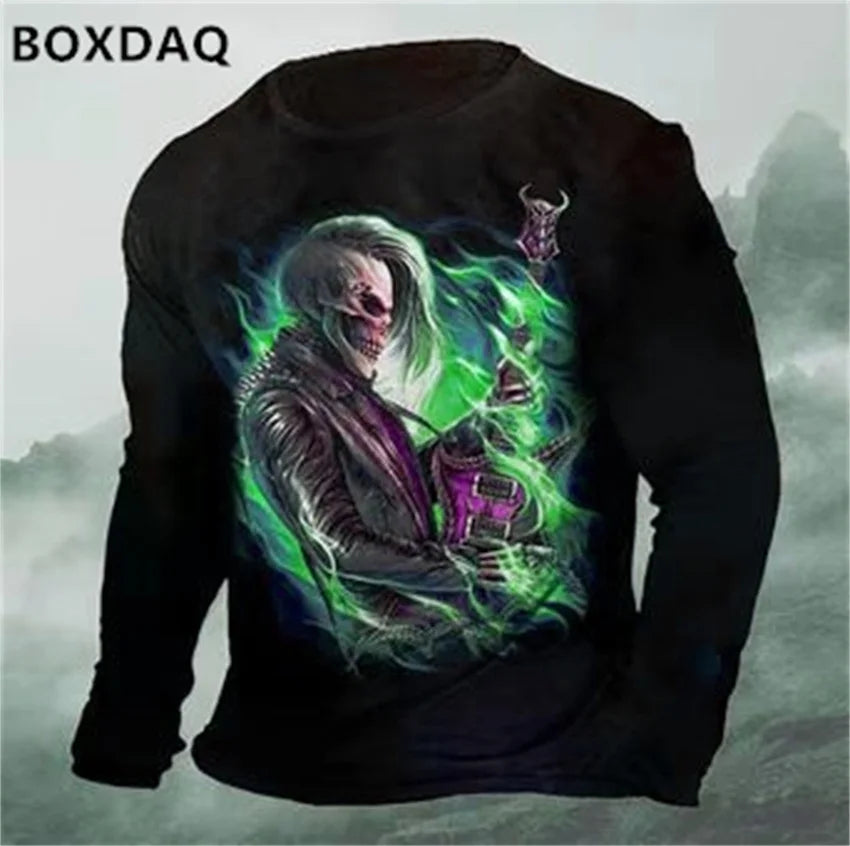 Horror Skulls Style Men T-Shirts Spring Autumn Long Sleeve Rock Skull 3D Print Street Hip Hop Male Tees 6XL Big Size Casual Tops