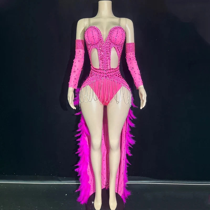 The Stardust Showgirl Finale – Rhinestone Bodysuit & Feather Train Costume | Costume Sets | Wiccan Center