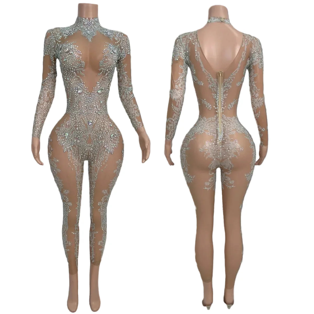 High Neck Crystal Appliqué Illusion Bodysuit | Bodysuit | Wiccan Center