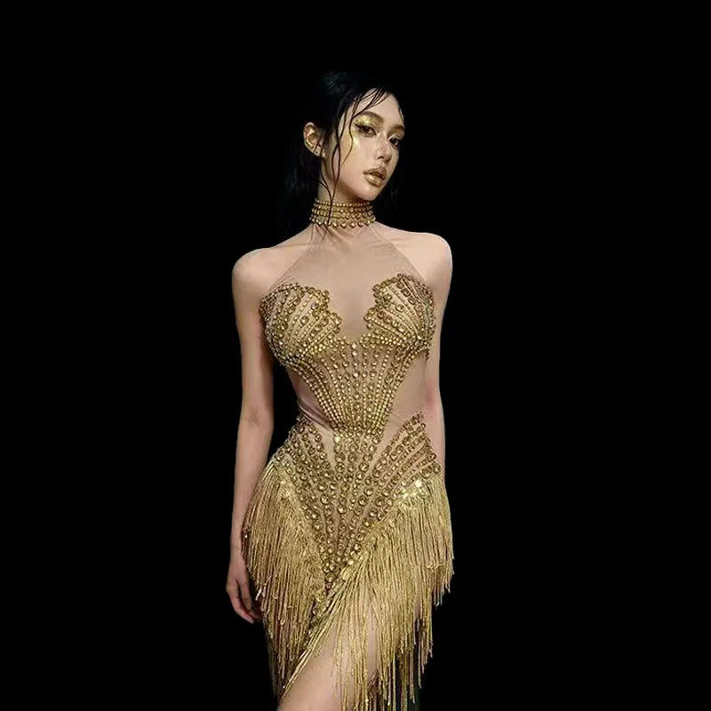 The Stardust Diamond Scallop Bodysuit – Luxury Rhinestone & Tassel Showgirl Costume