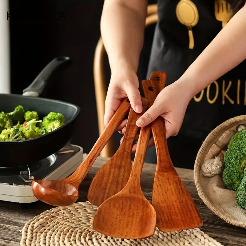 DecorBites™ 4-Piece Wooden Kitchen Utensil Set | Nonstick Cooking Tools | | Wiccan Center
