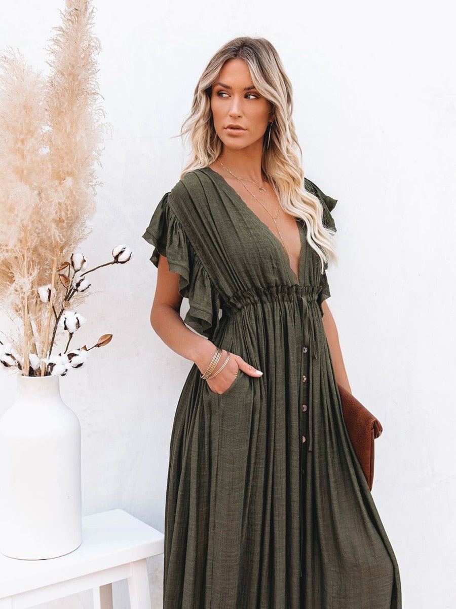 Summer Beach Maxi Dress Women Boho Long Bikini Cover Up High Waist Casual V-Neck Dresses | Dresses | Wiccan Center