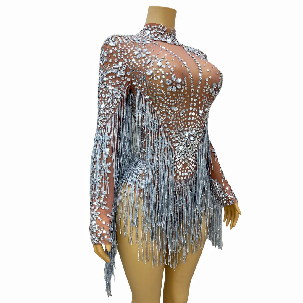 Sparkly Rhinestone Tassel High-Cut Stage Performance Bodysuit Dance Leotard