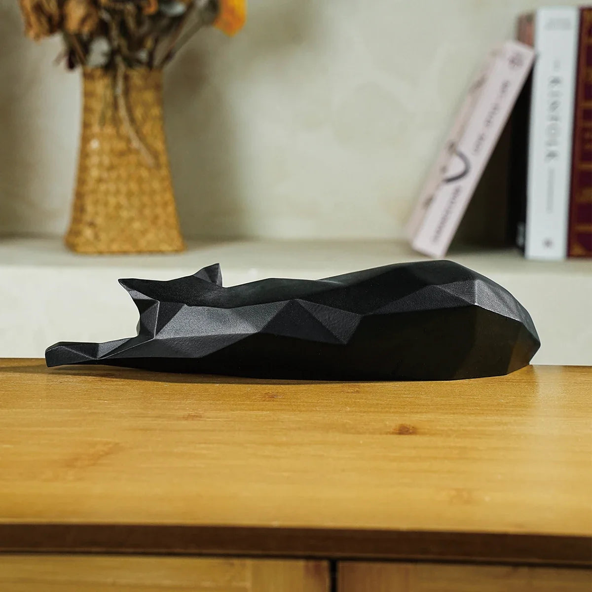 White Black Cat Statue - Geometric Modern Room Decor Figurine Sculpture for Home Office as Table Shelf Desk Decor Lying Cat | | Wiccan Center