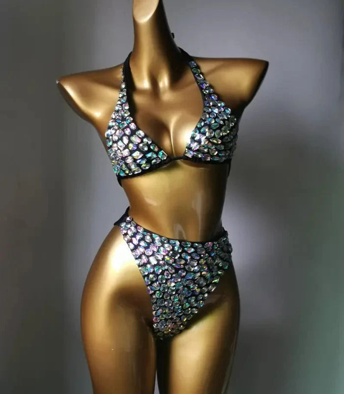 Nightclub Bar Sexy Disco Pole Dance Crystal Bikini Costume DJ Dancer Club Party Rave Outfit Pink Rhinestones Bra Set Stage Wear | Costume Sets | Wiccan Center