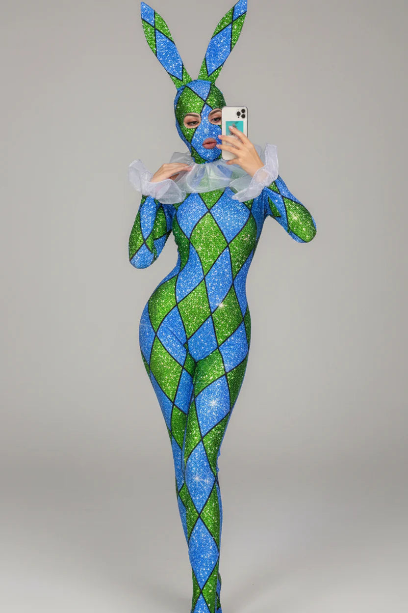 Futuristic Geometric Rhinestone Bunny Bodysuit – Luxury Showgirl Stage Costume & Exotic Festival Leotard with Statement Collar | Bodysuit | Wiccan Center