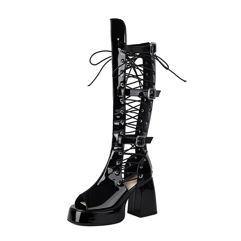 Plus Size Women Black Patent Matte Leather Lace Up Knee High Boots Peep Toe Platform Block Heel Back Zip Gothic Y2K Party Heels | | Wiccan Center