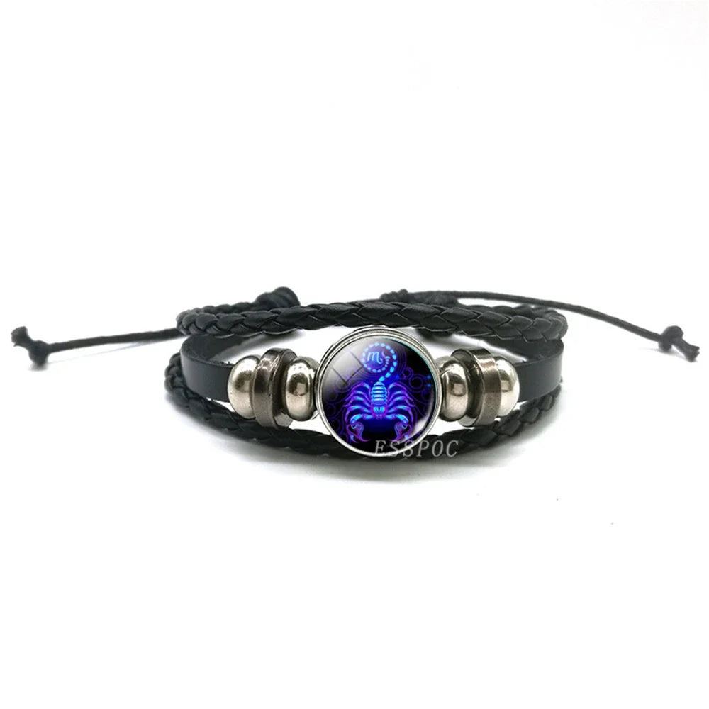 New Men 12 Constellation Black Braided Leather Bracelet Punk Style Zodiac Sign Multilayer Weave Wrap Bracelet For Birthday Gifts