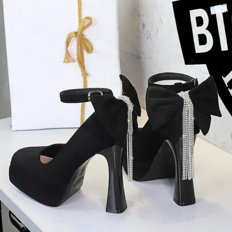 BIGTREE Women's Pointed Toe High Heels Back Bowknot Elegant Flock Ankle Strap Pumps for Women Black Dress Shoe Wedding Party | | Wiccan Center