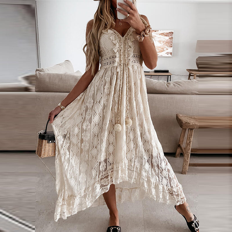 Women Dress Beach Style Elegant White Lace Spaghetti Srap Sundress Female Hollow Out Boho | Dresses | Wiccan Center