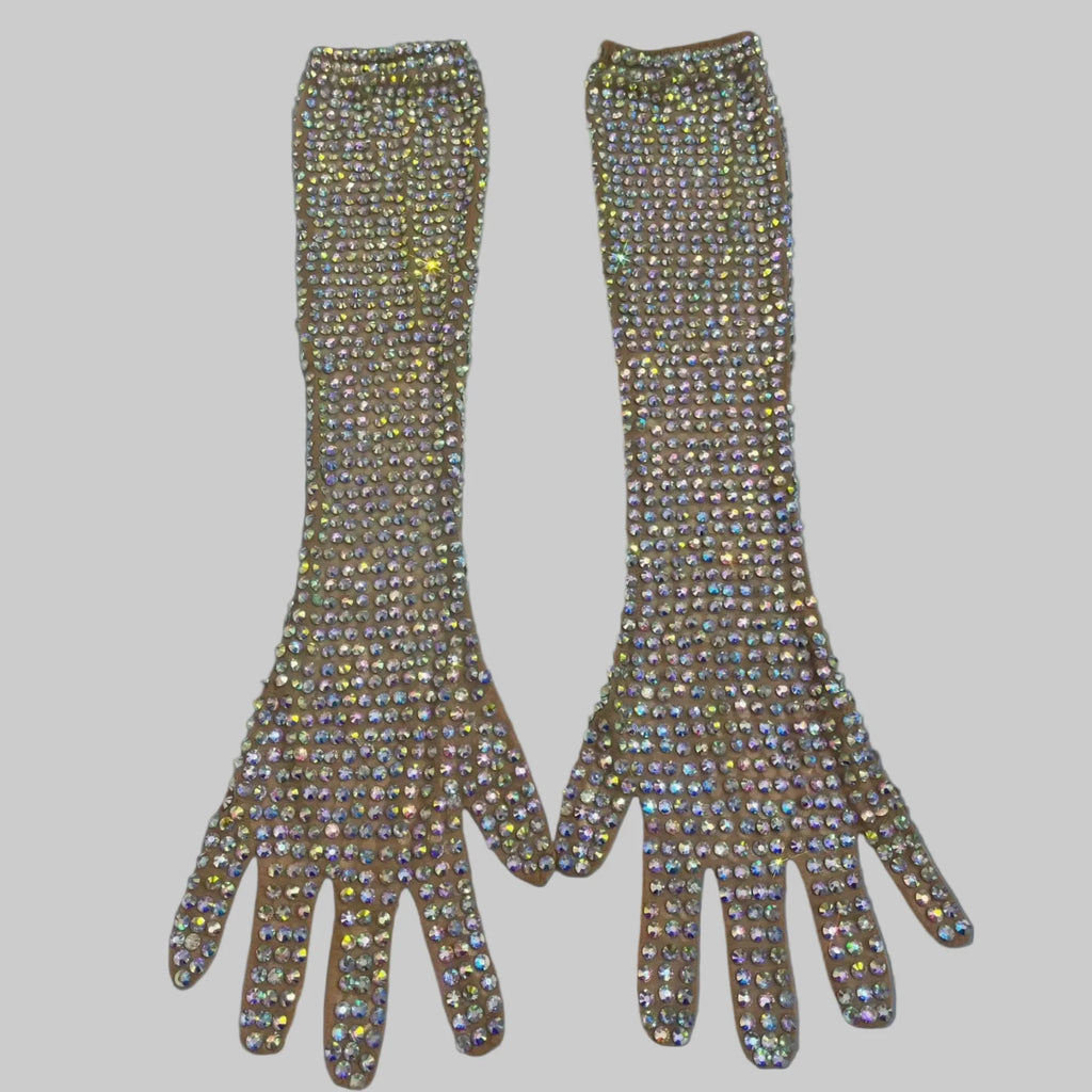 AB Rhinestone Sheer Mesh Long Opera Gloves Stage Performance Costume Accessory