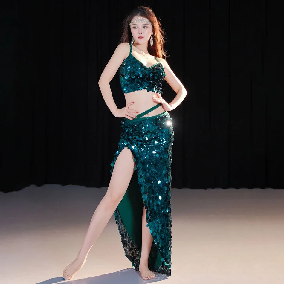 Sequin Oriental Belly Dance Top & Flowing Skirt 2-Piece Performance Set | Costume Sets | Wiccan Center