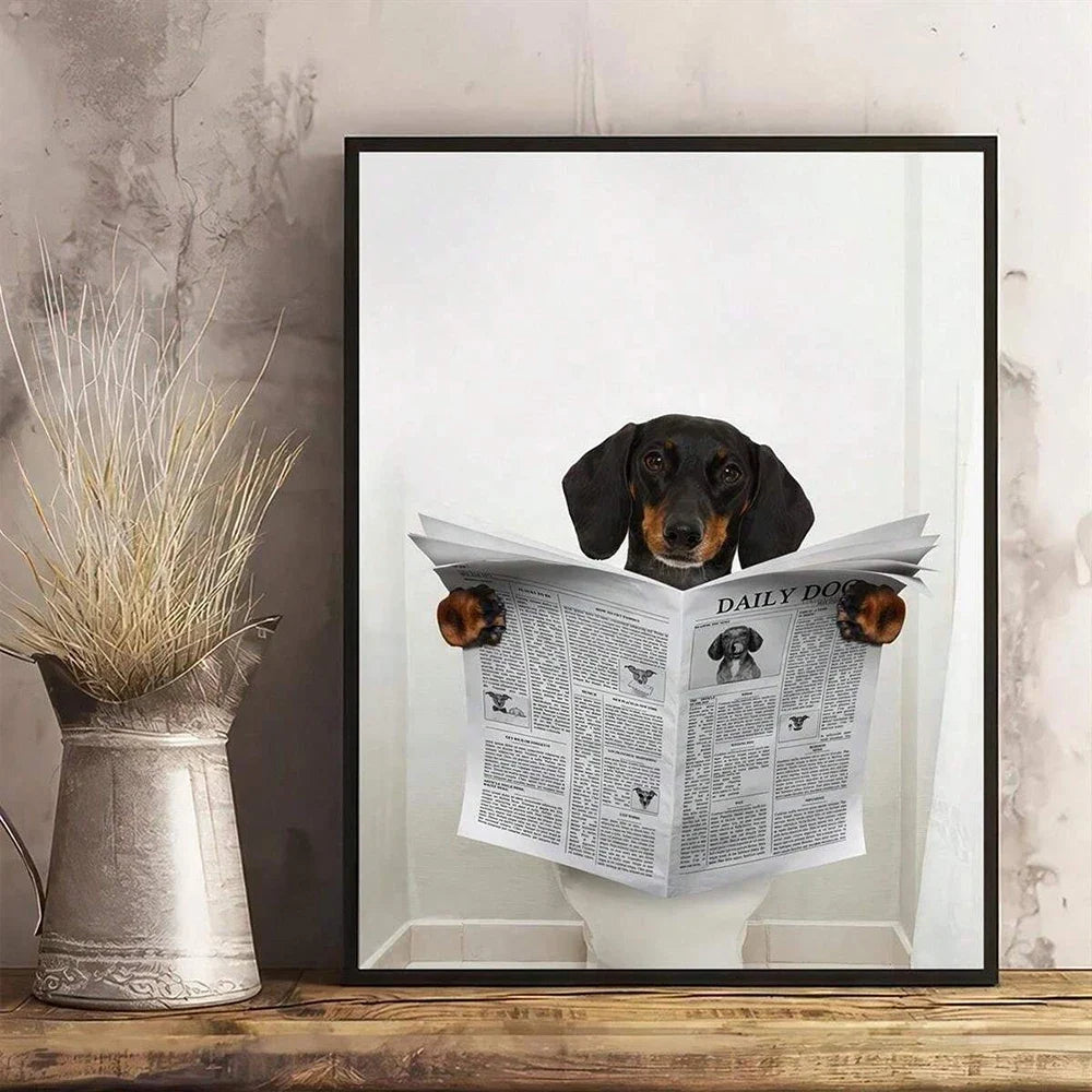 Modern Simple Animal Wall Art Dachshund Toilet Reading Newspaper Canvas Printed Poster Home Bathroom Bedroom Decoration | | Wiccan Center
