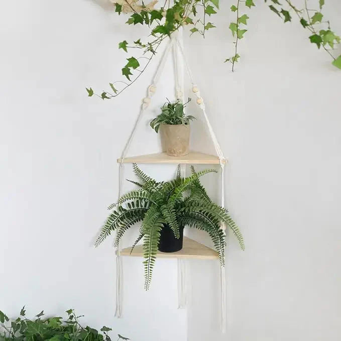 Corner Shelf Macrame Wall Hanging Wood Floating Shelves Rustic Boho Wall Shelf Decor Storage Rack for Plants Pots Photo Frames