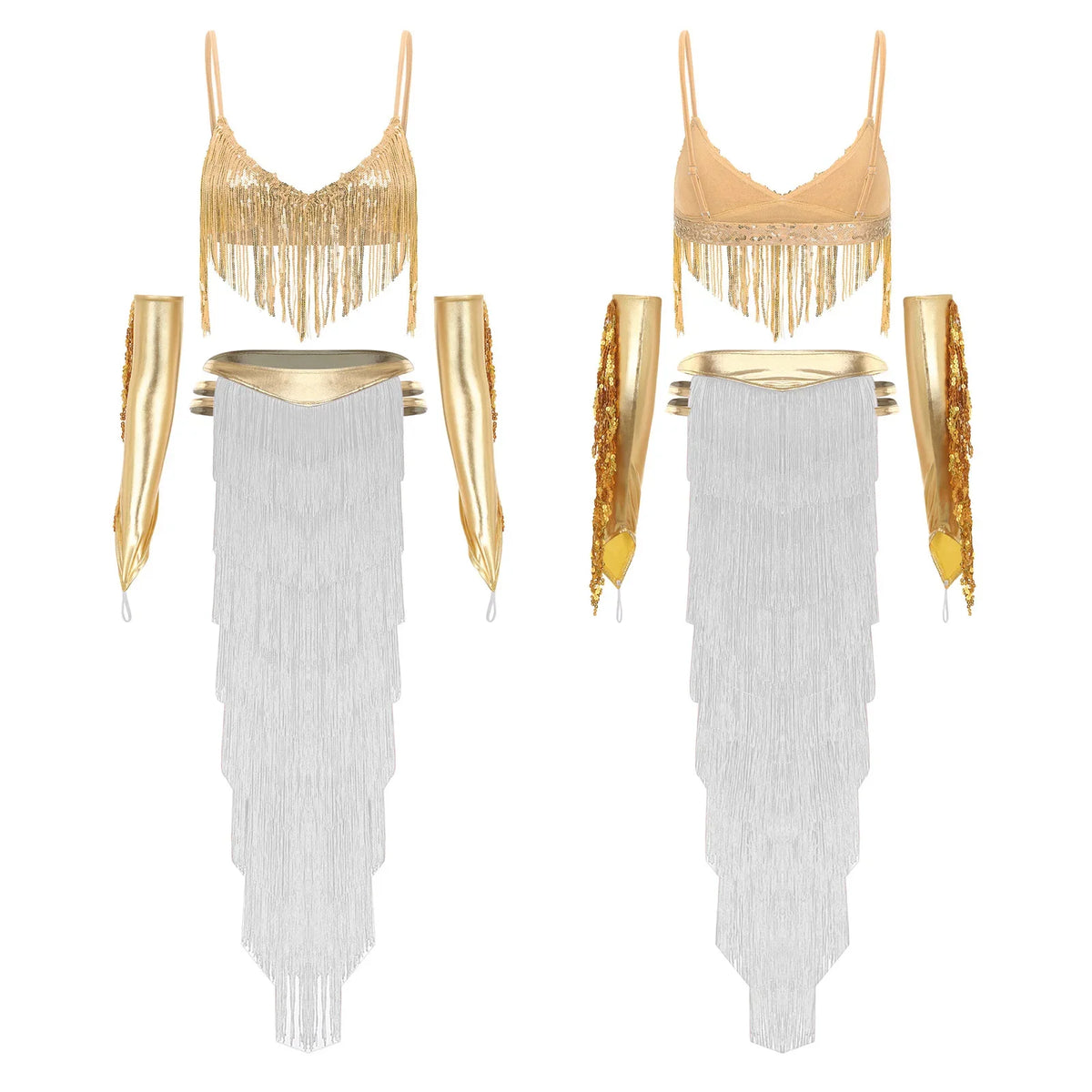 Women Shiny Belly Dance Bra Top with Tassel Slit Skirt Built-in Briefs Gloves Cleopatra Egypt Queen Costume | Costume Sets | Wiccan Center