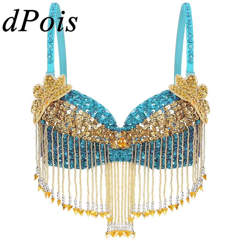 Sparkly Floral Beaded Sequin Belly Dance Bra & Tassel Performance Top | Costume Tops | Wiccan Center