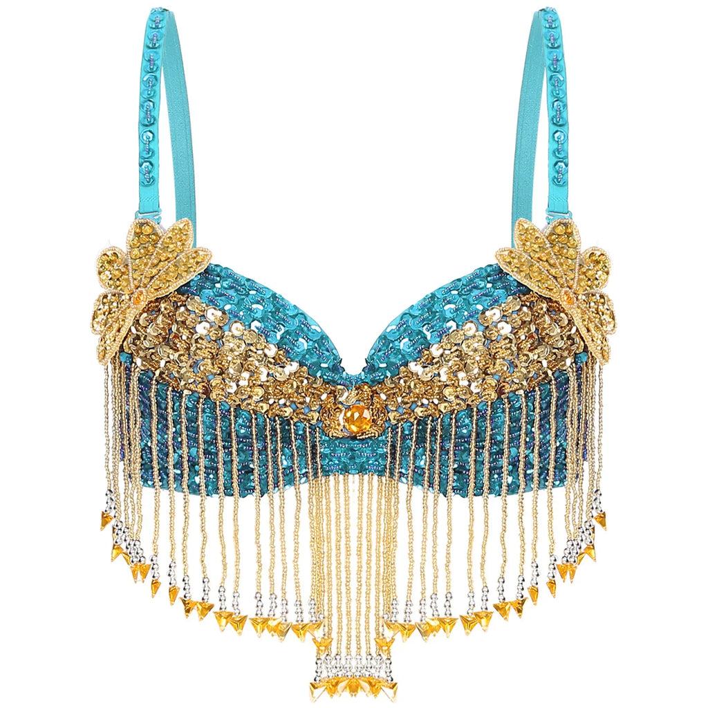 Sparkly Floral Beaded Sequin Belly Dance Bra & Tassel Performance Top | Costume Tops | Wiccan Center