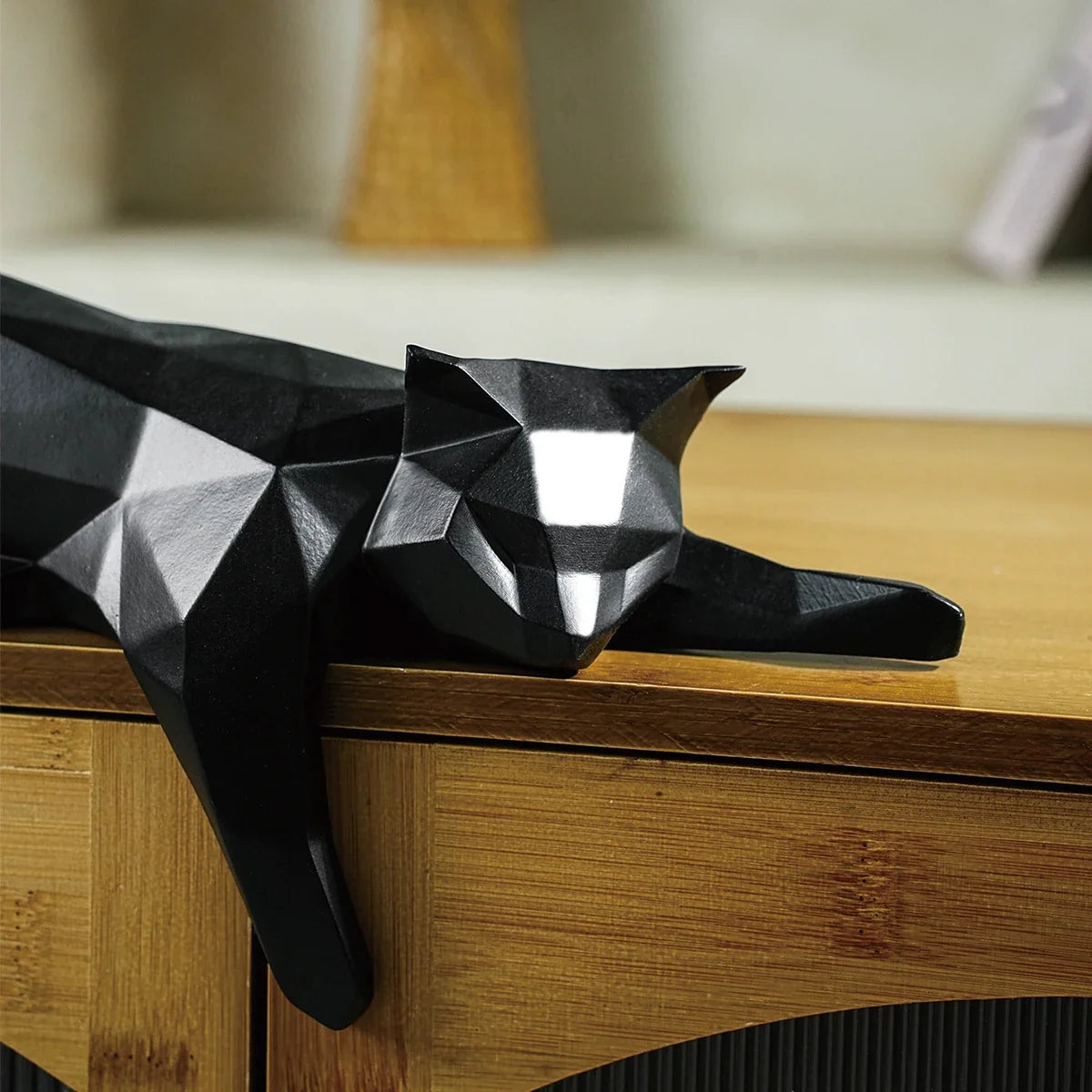 White Black Cat Statue - Geometric Modern Room Decor Figurine Sculpture for Home Office as Table Shelf Desk Decor Lying Cat | | Wiccan Center