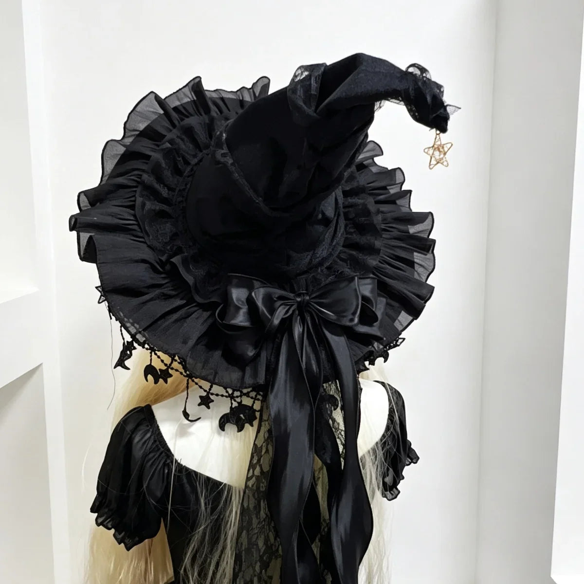 Halloween Witch Hat, Lace Velvet Hat with Moon Pendant | | Wiccan Center