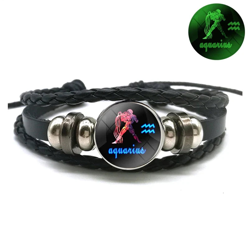 Birthday Present 12 Constellation Luminous Bracelet Leather Bracelet Zodiac Charm Bracelet for Men Women