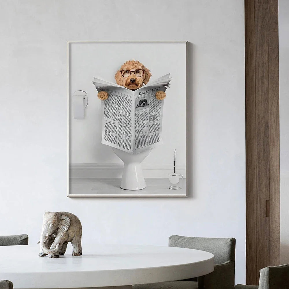 Modern Simple Animal Wall Art Dachshund Toilet Reading Newspaper Canvas Printed Poster Home Bathroom Bedroom Decoration | | Wiccan Center