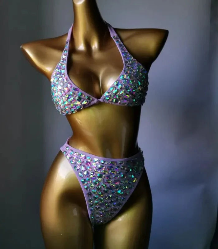 Nightclub Bar Sexy Disco Pole Dance Crystal Bikini Costume DJ Dancer Club Party Rave Outfit Pink Rhinestones Bra Set Stage Wear | Costume Sets | Wiccan Center