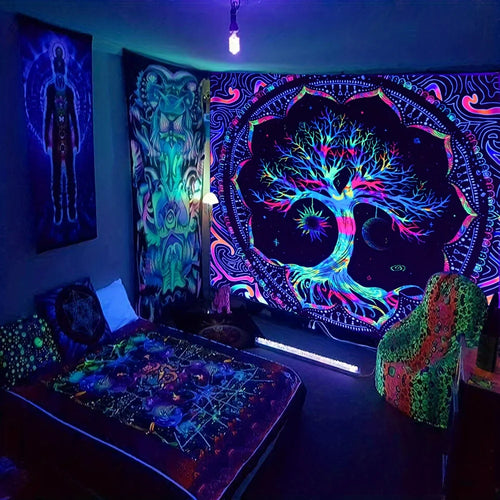 1Pcs 75x58cm Tree of Life Tapestry BlackLight Sun Moon Stars Galaxy Colorful Hippie Psychedelic Bedroom Dorm Decor Aesthetic | | Wiccan Center