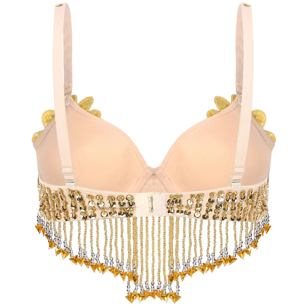 Sparkly Floral Beaded Sequin Belly Dance Bra & Tassel Performance Top | Costume Tops | Wiccan Center