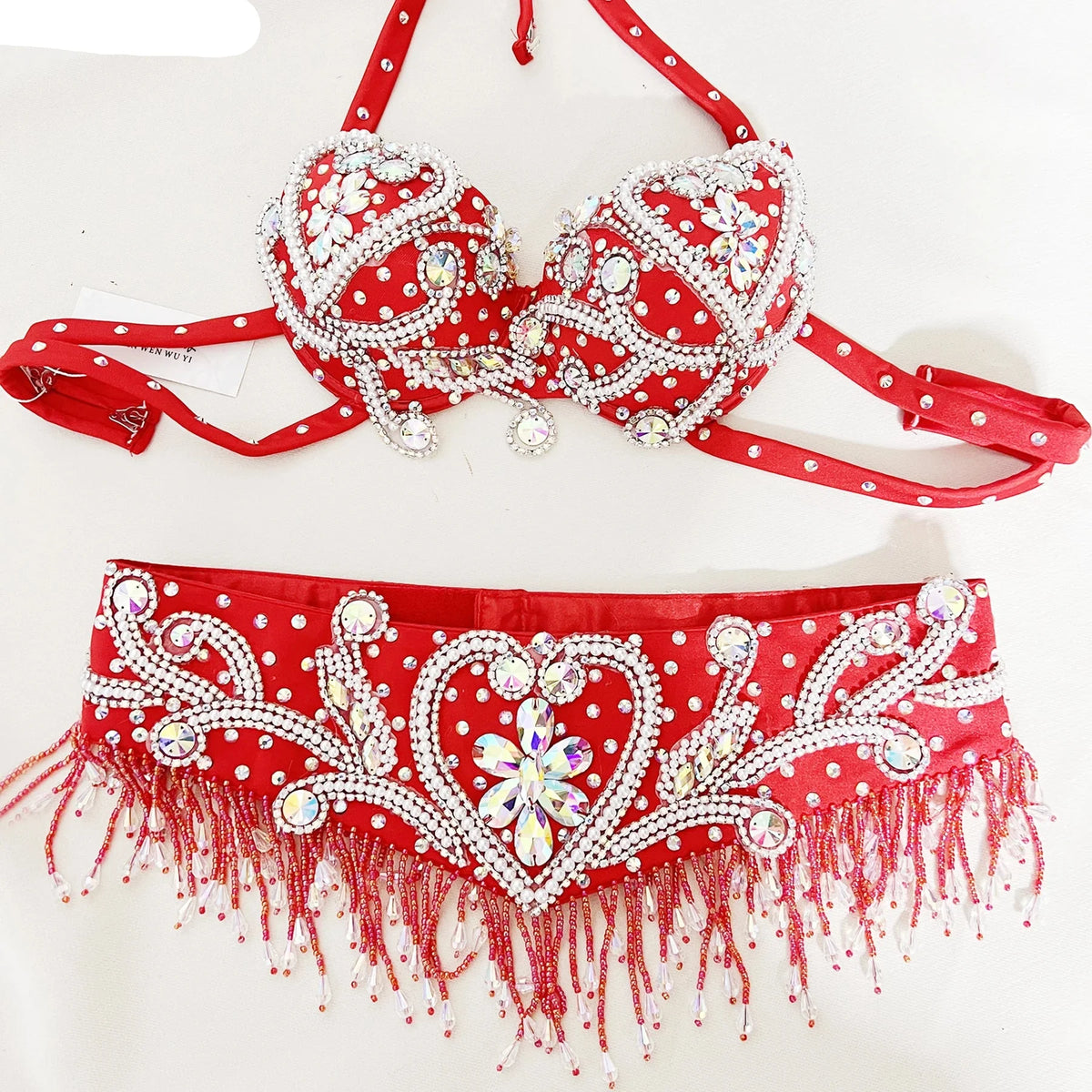 Sparkly Beaded Belly Dance Bra & Fringe Hip Belt Two-Piece Stage Costume Set | Costume Sets | Wiccan Center