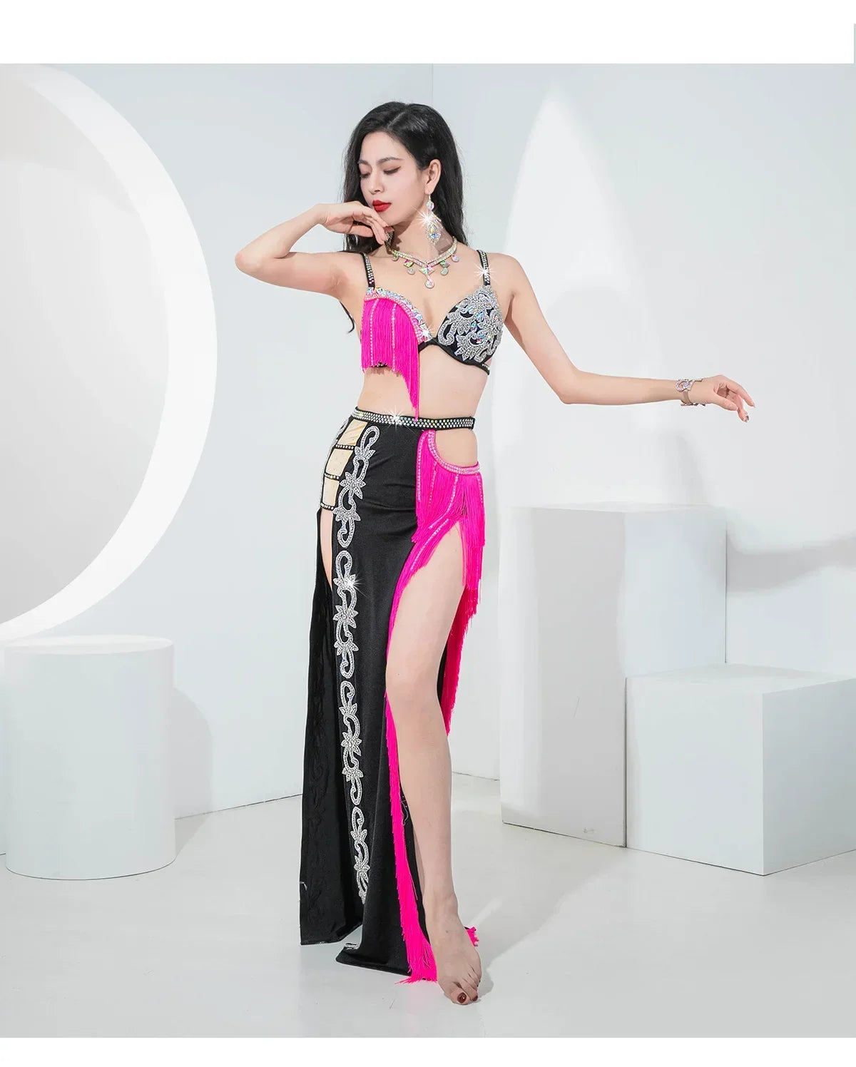 Sparkly Shaabi Belly Dance Competition Gown 4-Piece Beaded Bra, Skirt, Robe & Shorts Set | Costume Sets | Wiccan Center