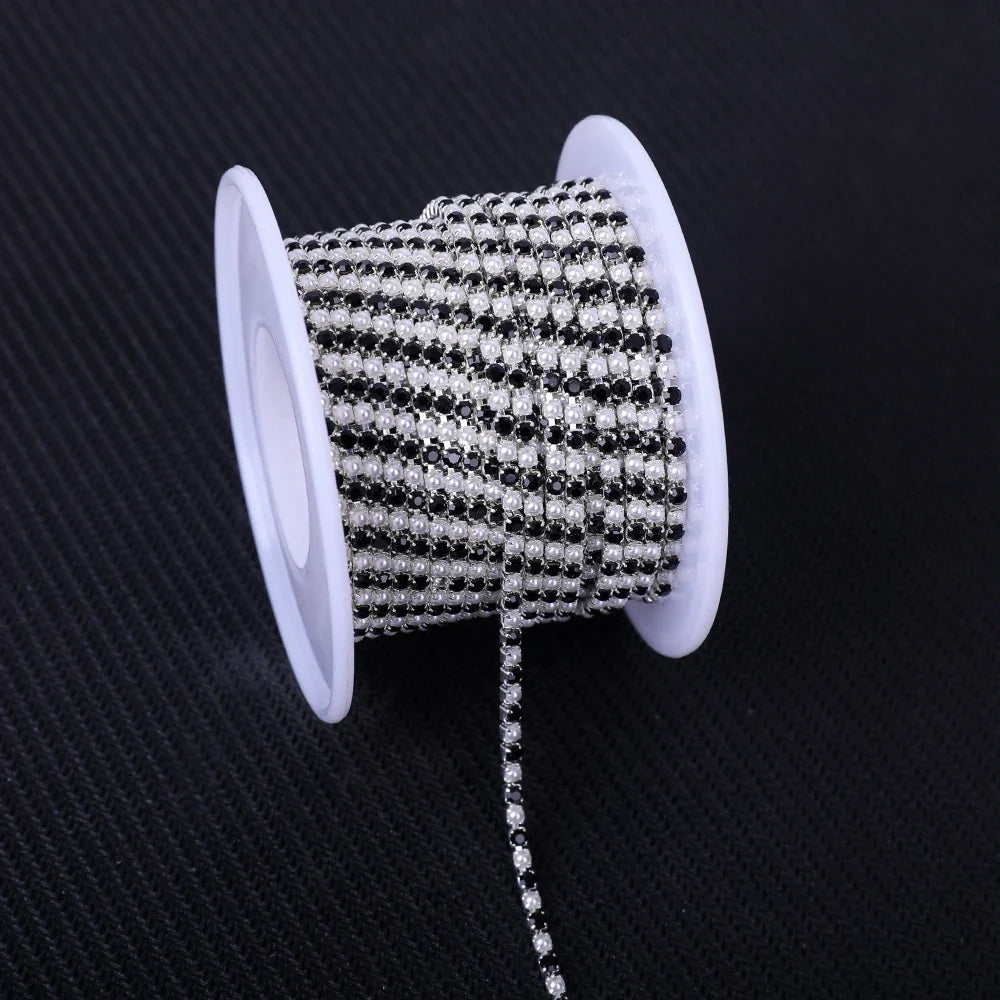 The Stardust Pearl Stream – Premium Silver Base Glass Rhinestone & ABS Pearl Cup Chain Trim