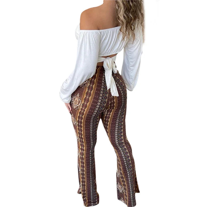 Frauen Boho Flare Pants Ethnic Tribal Print Bell Bottom Yoga Palazzo Hose | | Wiccan Center