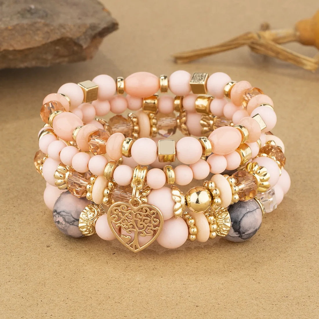 DIEZI Ethnic Bohemian Multicolor Crystal Beads Strand Bracelets Women Men Heart Tree Of Life Charm Bracelet Pulseira Feminina