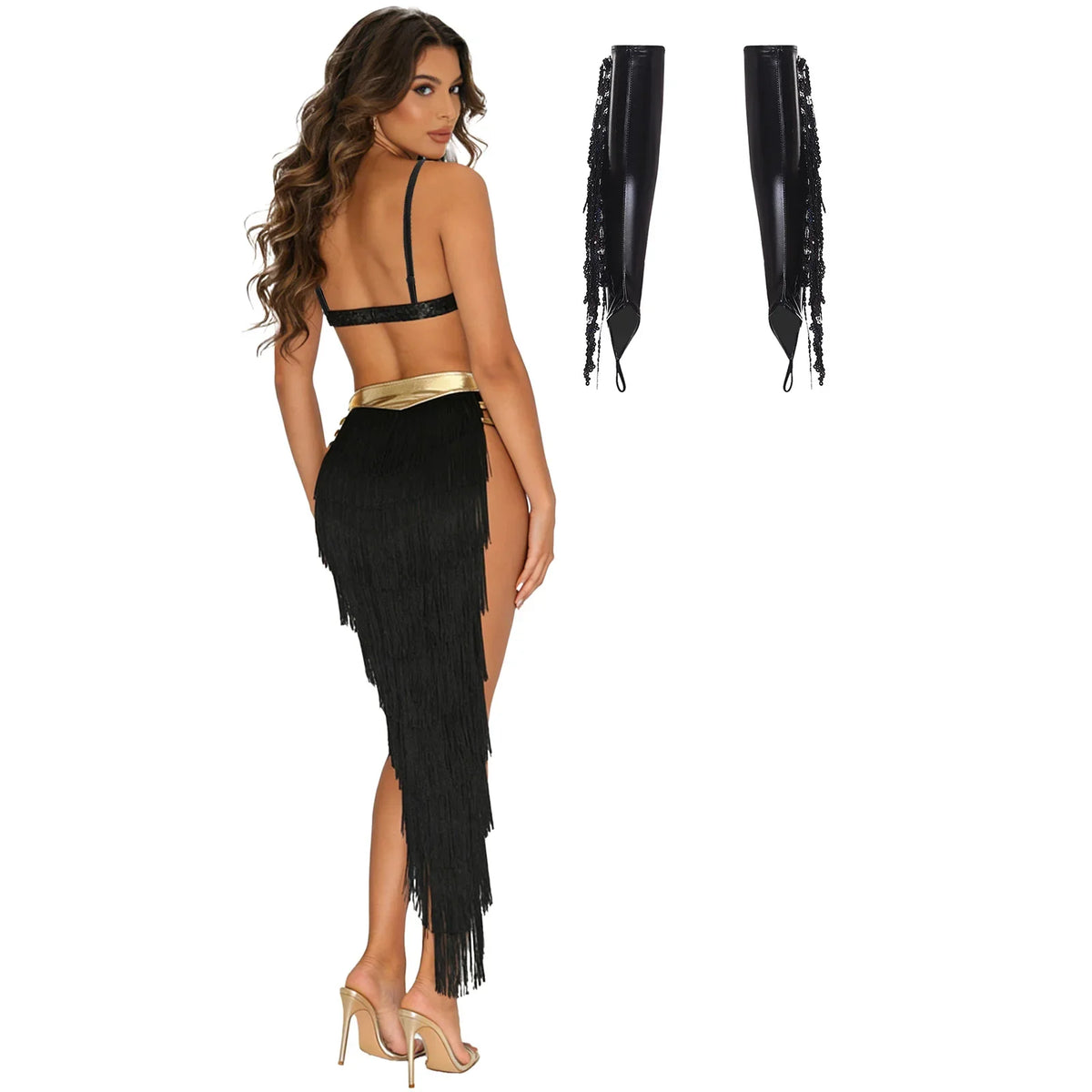 Women Shiny Belly Dance Bra Top with Tassel Slit Skirt Built-in Briefs Gloves Cleopatra Egypt Queen Costume | Costume Sets | Wiccan Center