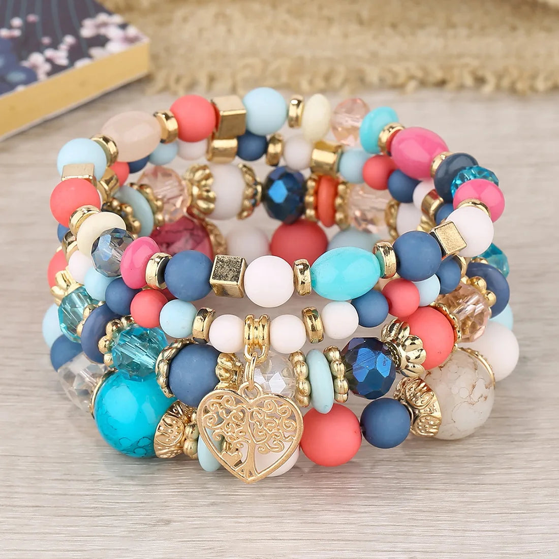 DIEZI Ethnic Bohemian Multicolor Crystal Beads Strand Bracelets Women Men Heart Tree Of Life Charm Bracelet Pulseira Feminina