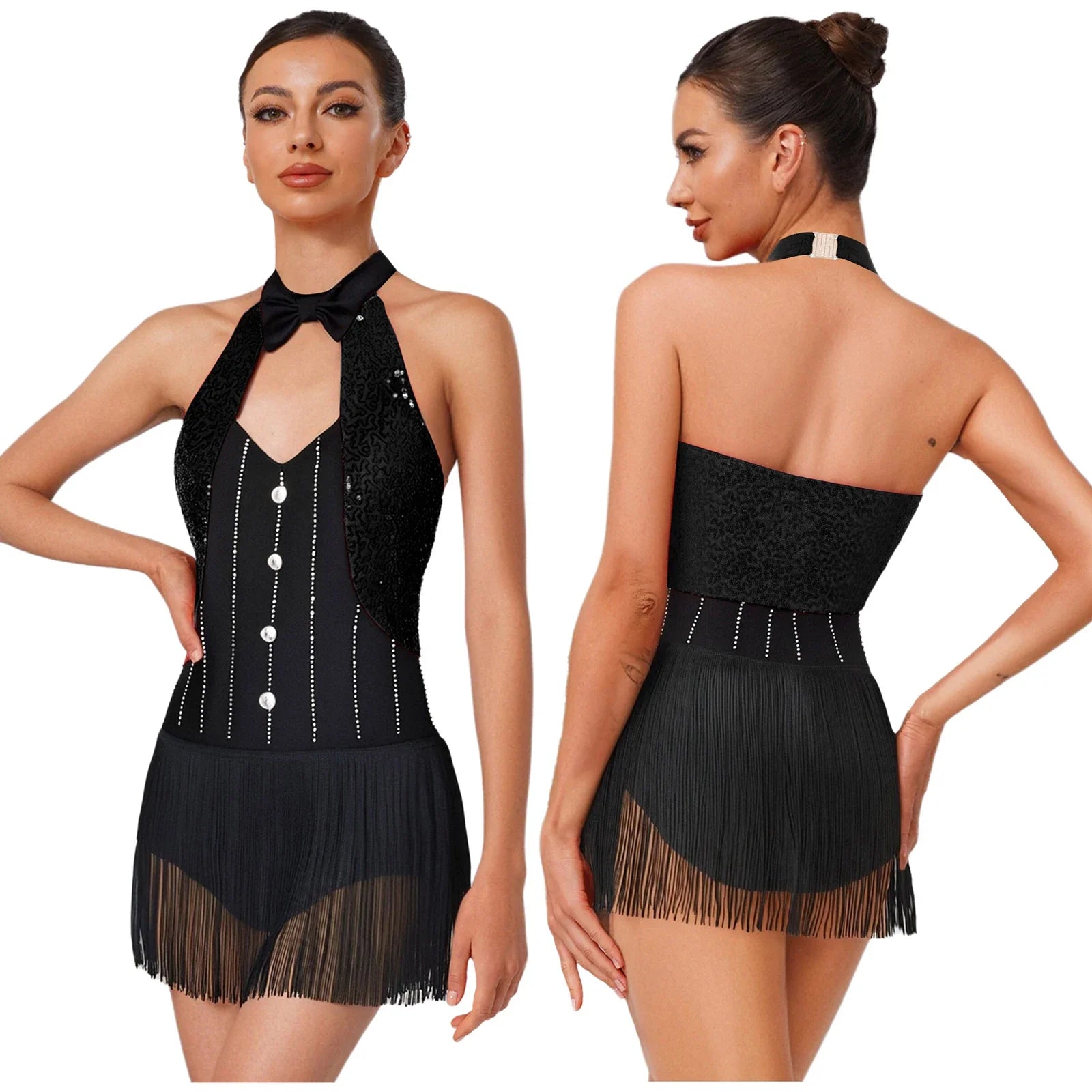 The Stardust Tuxedo Tassel Bodysuit – Luxury Sequins & Rhinestone Showgirl Leotard | Bodysuit | Wiccan Center