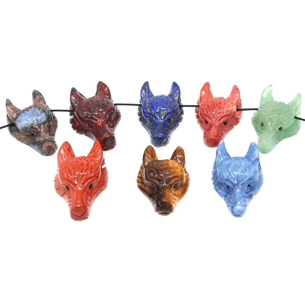 1.5" Wolf Head Stone Pendant Natural Healing Crystals Hand Carved Wolves Animal Statue Figurine Gems for Jewelry Making Necklace