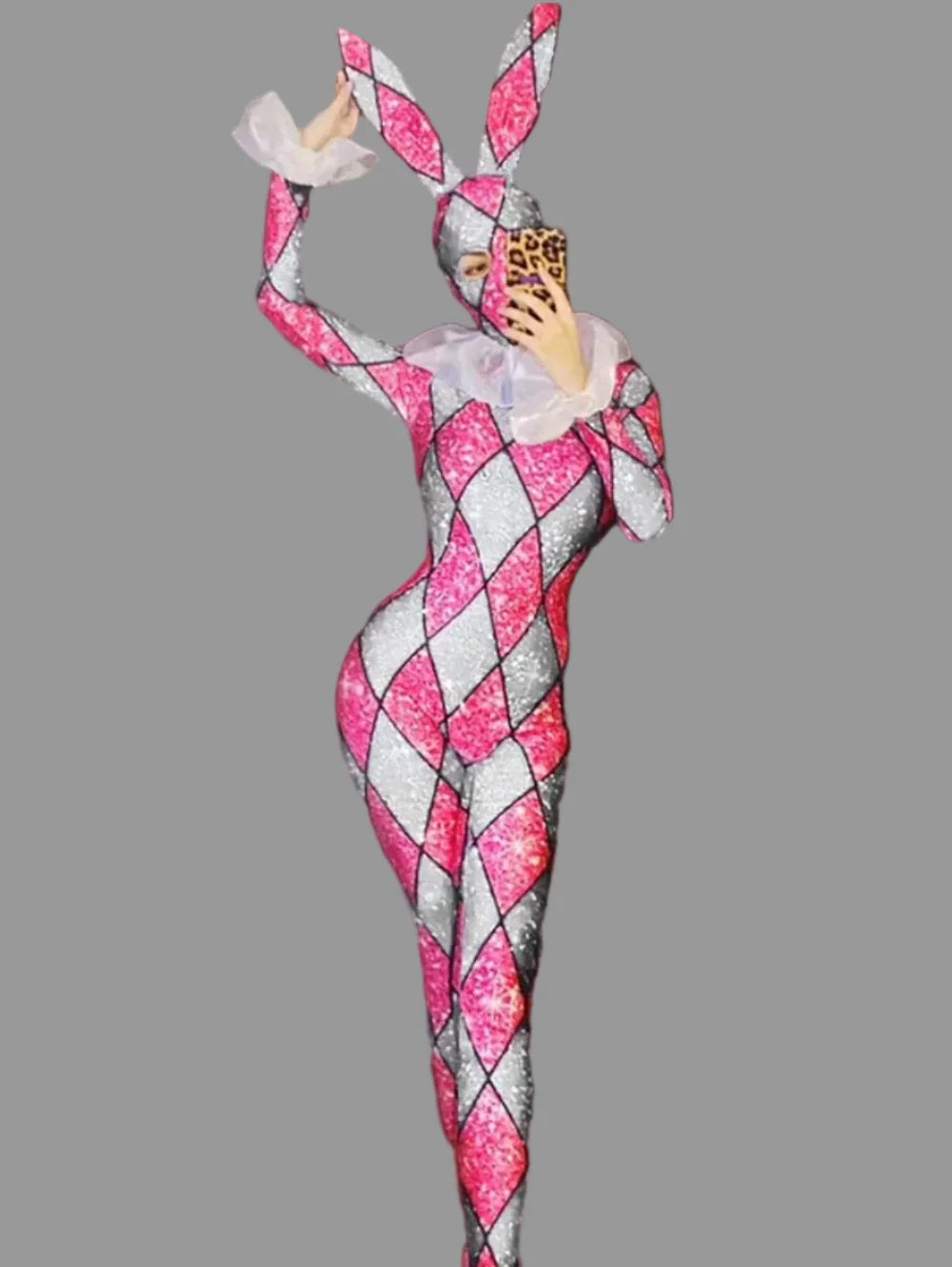 Futuristic Geometric Rhinestone Bunny Bodysuit – Luxury Showgirl Stage Costume & Exotic Festival Leotard with Statement Collar | Bodysuit | Wiccan Center