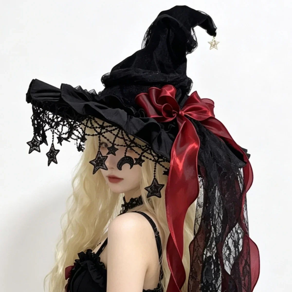 Halloween Witch Hat, Lace Velvet Hat with Moon Pendant | | Wiccan Center