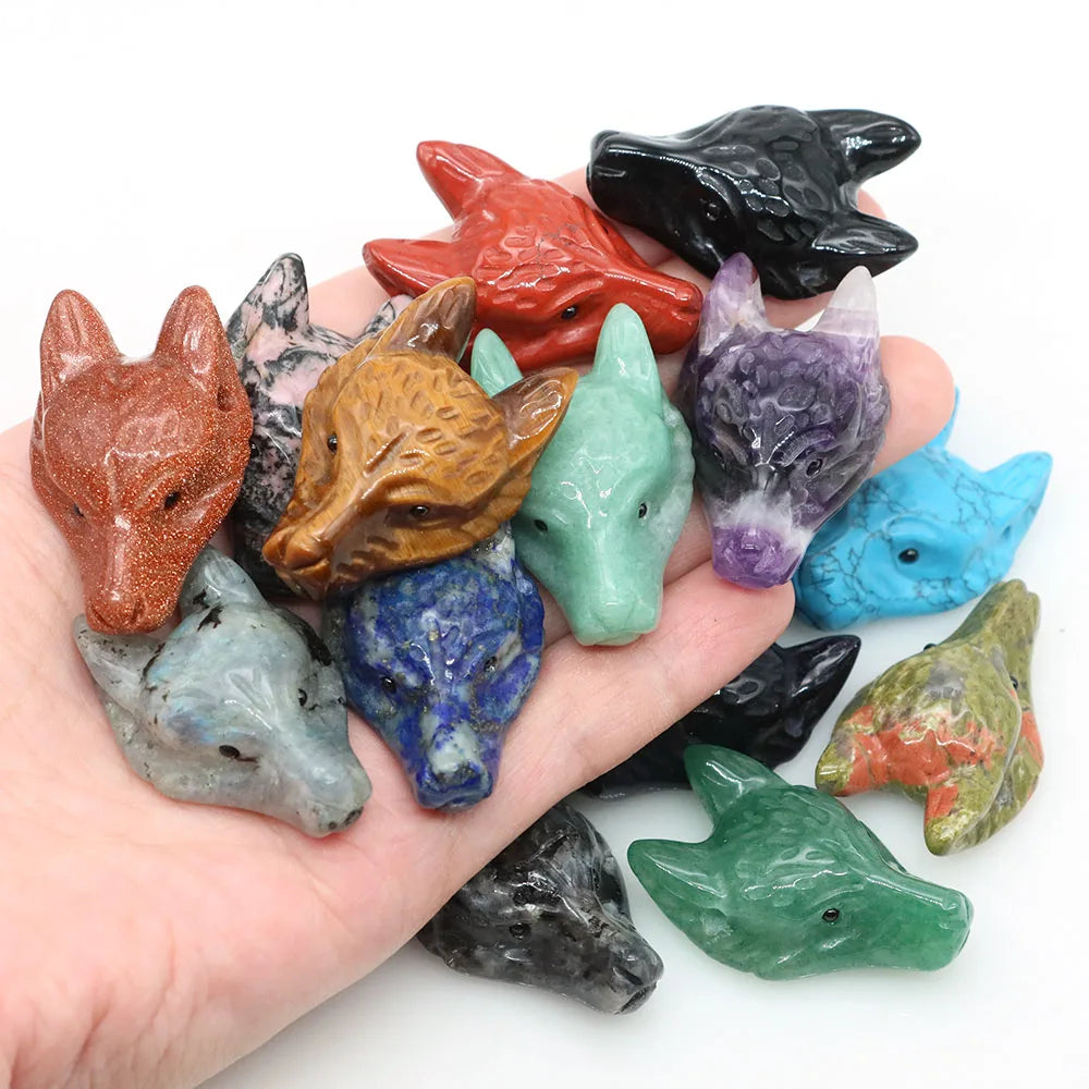 1.5" Wolf Head Stone Pendant Natural Healing Crystals Hand Carved Wolves Animal Statue Figurine Gems for Jewelry Making Necklace