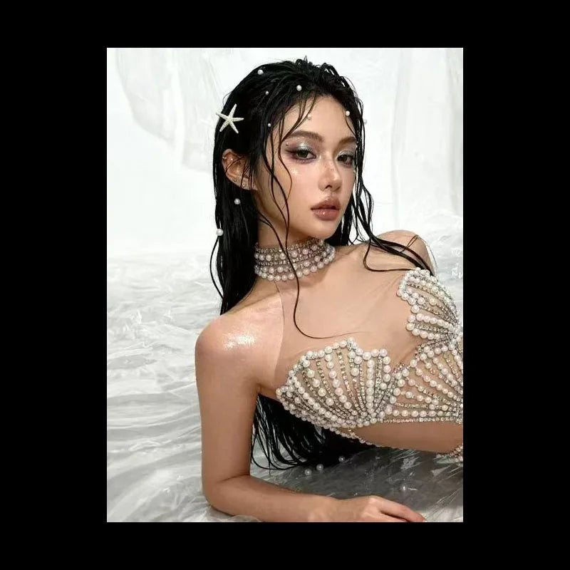 The Stardust Diamond Scallop Bodysuit – Luxury Rhinestone & Tassel Showgirl Costume