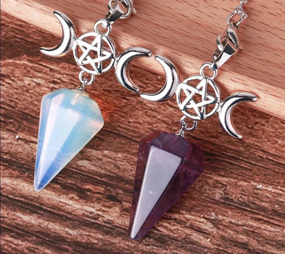 Triple Moon Pentacle Crystal Pendulums | Pendulums | Wiccan Center