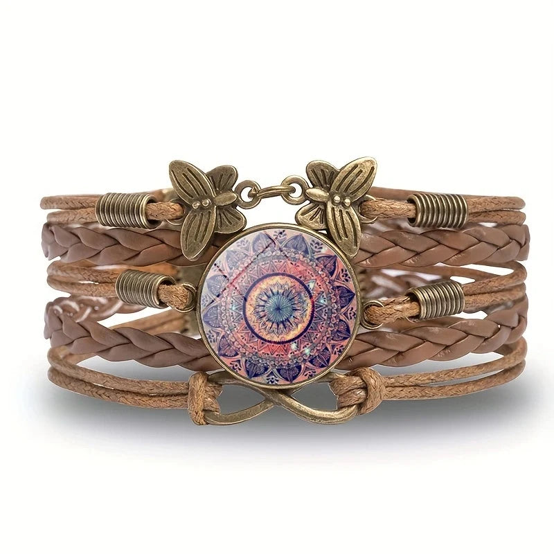 Vintage Mandala Flower Glass Dome Wrap Bracelet Brown Multilayer Woven Leather Bracelets For Women