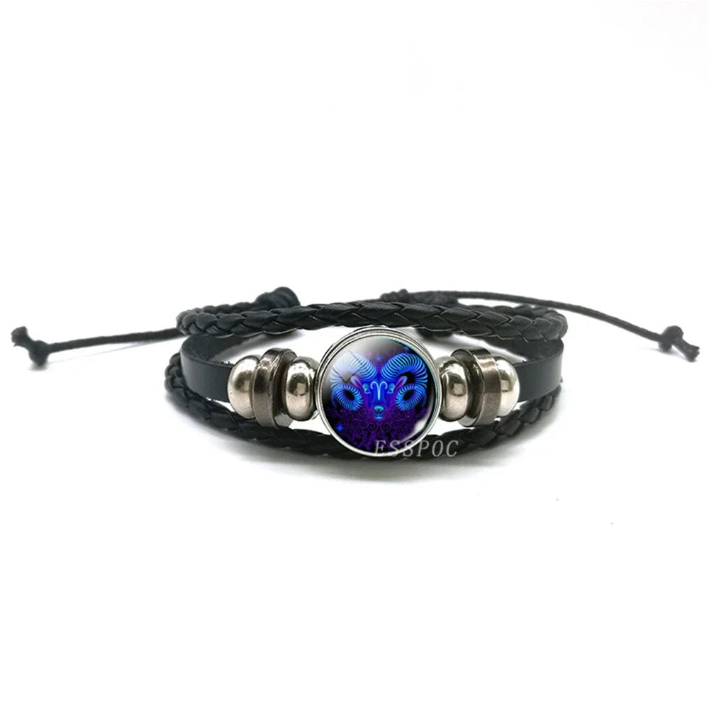 New Men 12 Constellation Black Braided Leather Bracelet Punk Style Zodiac Sign Multilayer Weave Wrap Bracelet For Birthday Gifts
