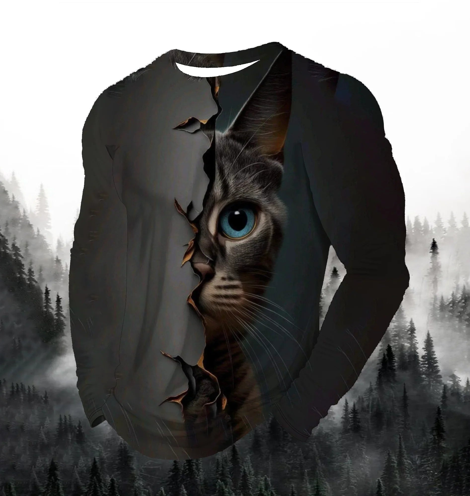 Visual Kitten Fashion Print Men's T-shirt Fashion Long Sleeve T-shirt Casual Round Neck Street Top Loose Pullover Autumn