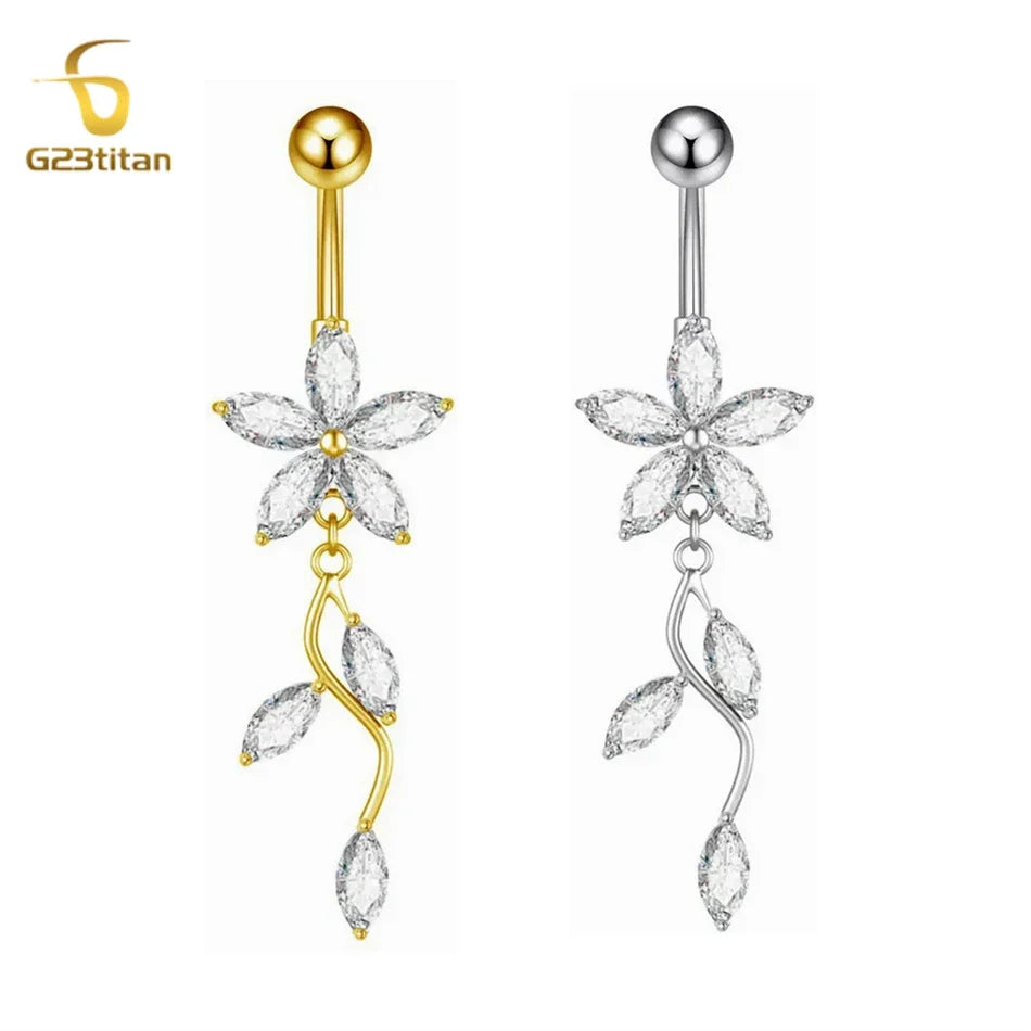 Stainless Steel Dangle Belly Button Ring Crystal Flower with Dangling Marquise Vine Titanium Navel Barbell Body Piercing Jewelry | | Wiccan Center